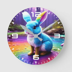Cute Sitting Blue Bunny Portrait Round Clock