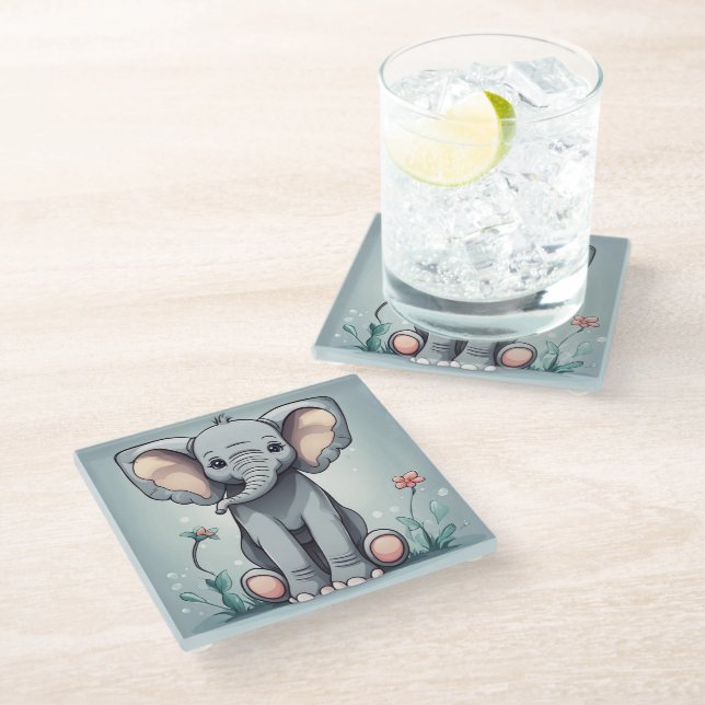 Cute sitting elephant glass coaster (Angled)