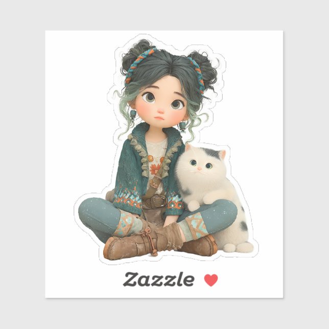 Cute Sitting Girl with Cat – Cozy Character Sticke Sticker (Sheet)