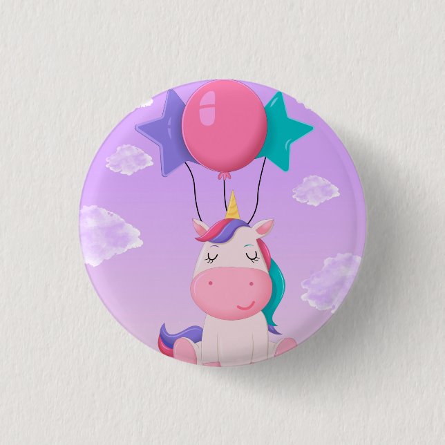 Cute Sitting Unicorn and Balloons Lilac Button (Front)
