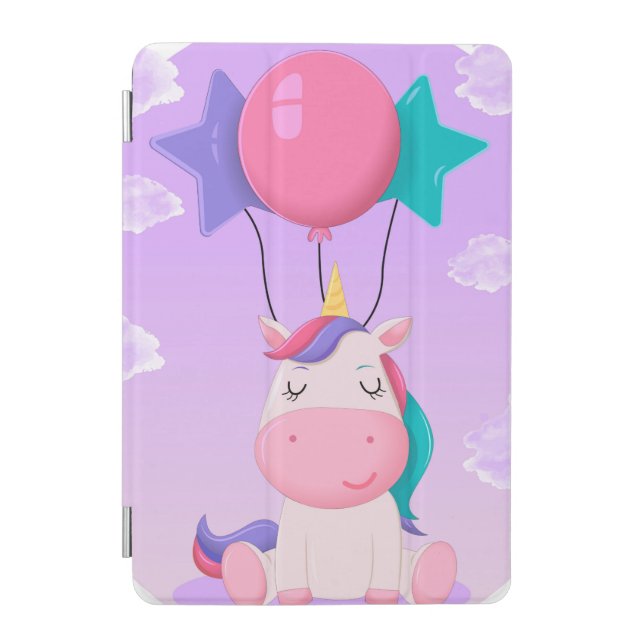 Cute Sitting Unicorn and Balloons Lilac iPad Mini Cover (Front)