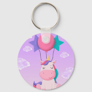 Cute Sitting Unicorn and Balloons Lilac Keychain