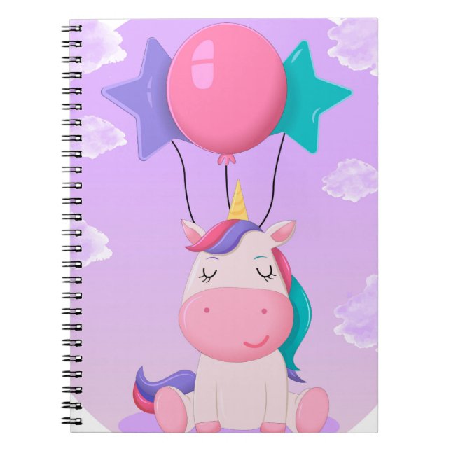 Cute Sitting Unicorn and Balloons Lilac Notebook (Front)