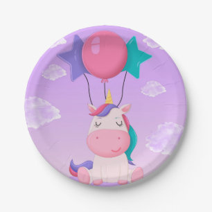 Cute Sitting Unicorn and Balloons Lilac Paper Plates