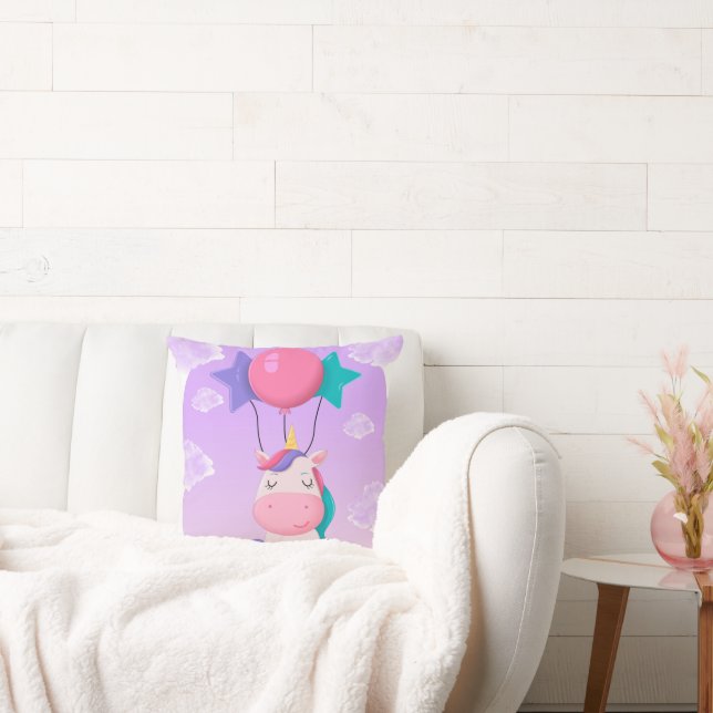 Cute Sitting Unicorn and Balloons Lilac Throw Pillow (Couch)