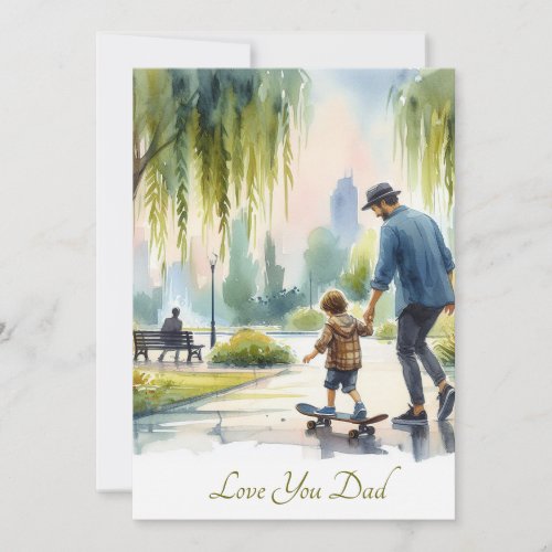 Cute Skateboard Lessons with Dad Watercolor  Holiday Card
