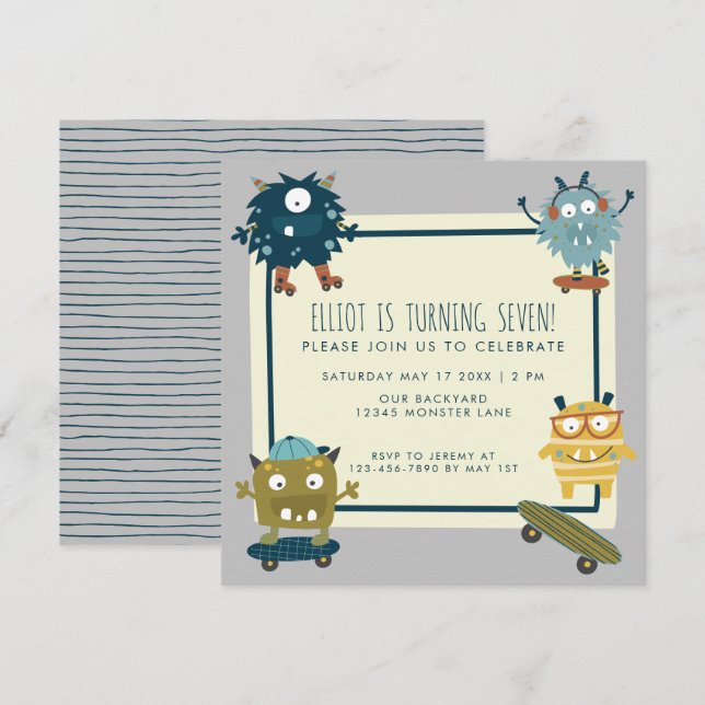 Cute Skateboard Monsters Birthday Boy 7th Party Invitation (Front/Back)