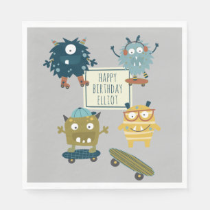 Cute Skateboard Monsters Personalized Birthday  Napkins