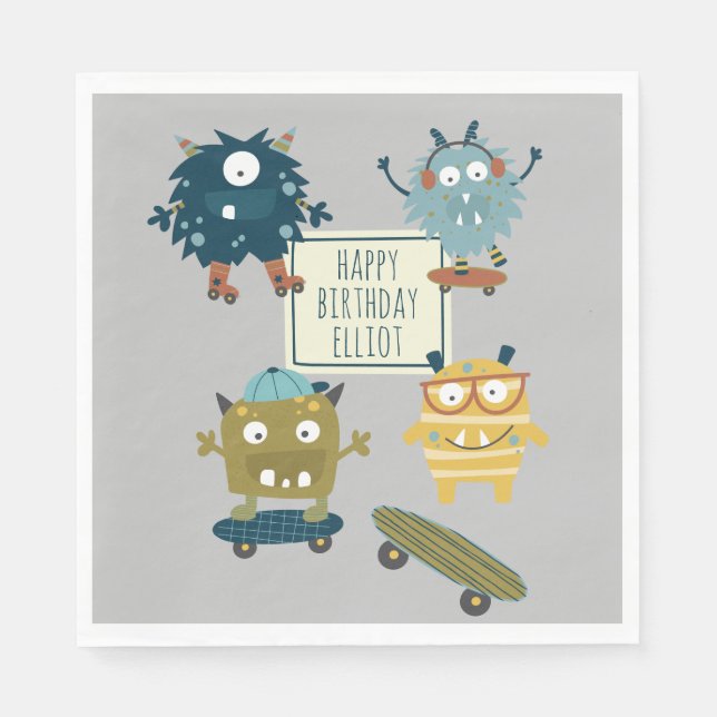 Cute Skateboard Monsters Personalized Birthday  Napkins (Front)