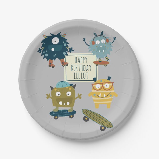 Cute Skateboard Monsters Personalized Birthday  Paper Plates (Front)