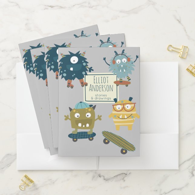 Cute Skateboard Monsters Personalized Name Pocket Folder (In Situ)