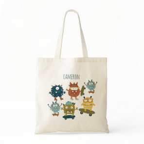 Cute Skateboard Monsters Personalized Name Tote Bag