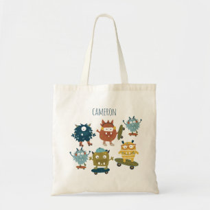 Cute Skateboard Monsters Personalized Name Tote Bag