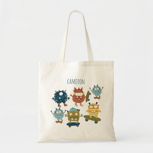 Cute Skateboard Monsters Personalized Name Tote Bag
