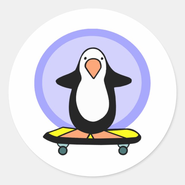 Cute Skateboarder Penguin Skateboarding Fun Classic Round Sticker (Front)