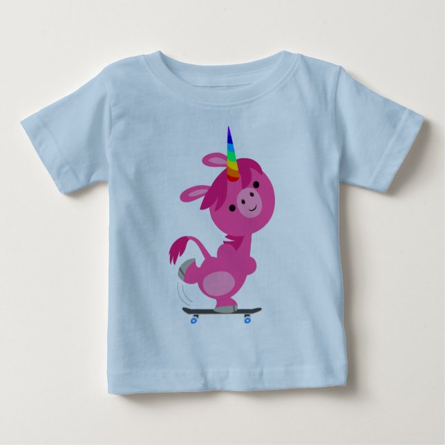 Cute Skateboarding Cartoon Unicorn Baby T-Shirt (Front)