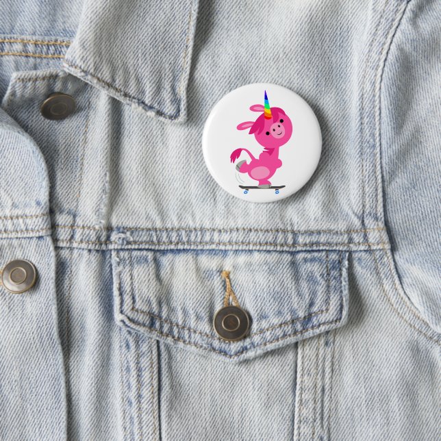 Cute Skateboarding Cartoon Unicorn Button (In Situ)