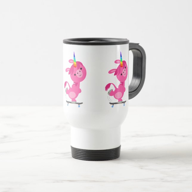 Cute Skateboarding Cartoon Unicorn Commuter Mug (Front Right)