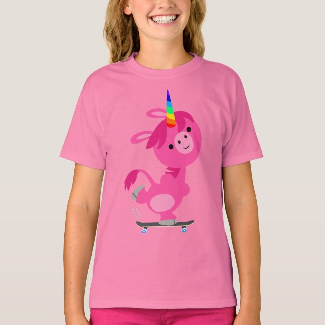 Cute Skateboarding Cartoon Unicorn Kids T-Shirt (Front)