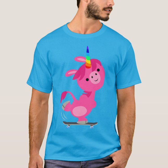 Cute Skateboarding Cartoon Unicorn T-Shirt (Front)