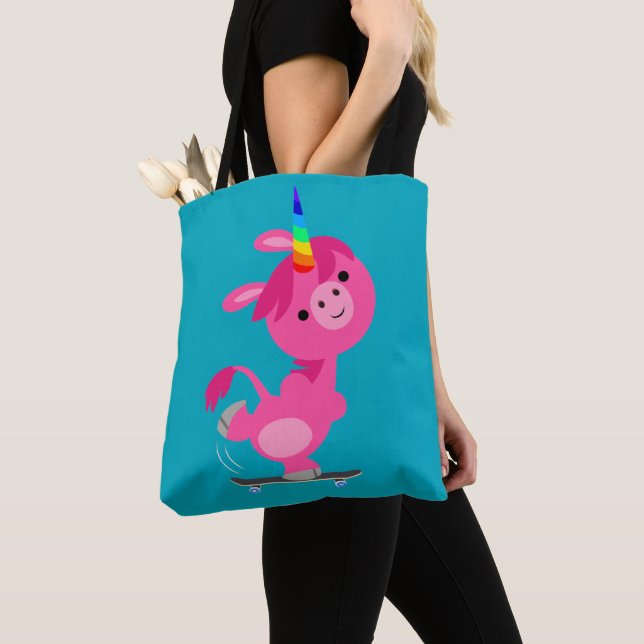 Cute Skateboarding Cartoon Unicorn Tote Bag (Close Up)