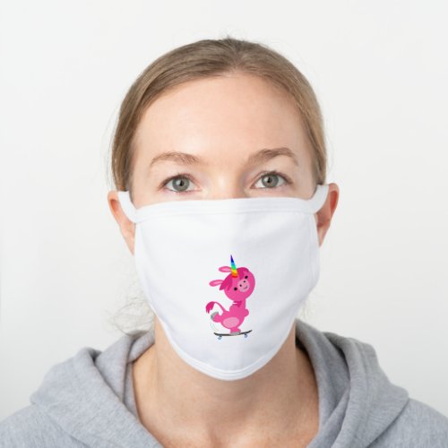 Cute Skateboarding Cartoon Unicorn White Cotton Face Mask