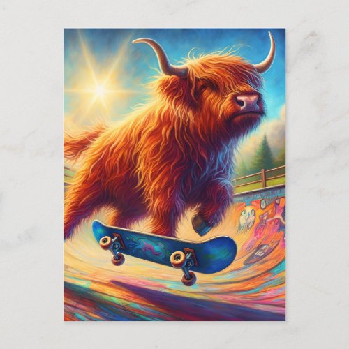 Cute Skateboarding Highland Cow Postcard