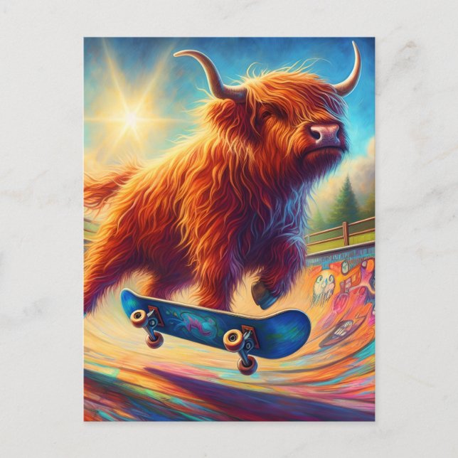 Cute Skateboarding Highland Cow Postcard (Front)