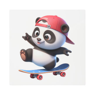 Cute Skateboarding Panda Illustration  Metal Print