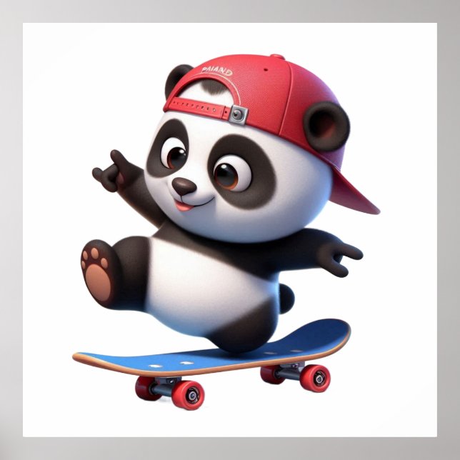 Cute Skateboarding Panda Illustration  Poster (Front)