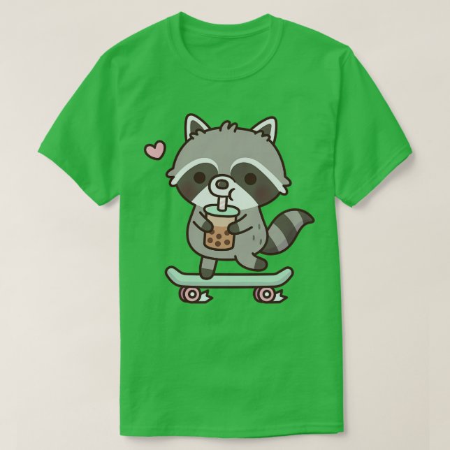 Cute Skateboarding Raccoon Drinking Boba Tea T-Shirt (Design Front)