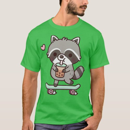 Cute Skateboarding Raccoon Drinking Boba Tea T_Shirt