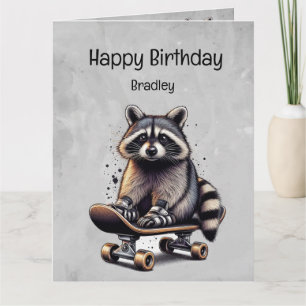 Cute Skateboarding Raccoon Fun Animal Birthday Card