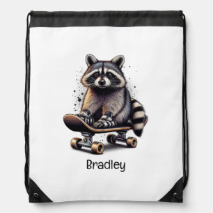 Cute Skateboarding Raccoon Fun Animal Nature Art Drawstring Bag