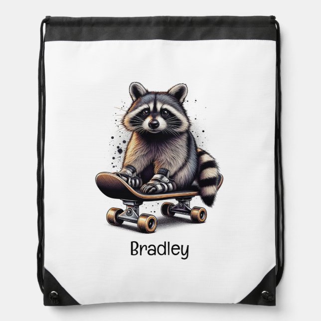 Cute Skateboarding Raccoon Fun Animal Nature Art Drawstring Bag (Front)