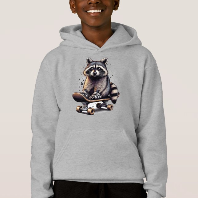 Cute Skateboarding Raccoon Fun Animal Nature Art Hoodie (Front)