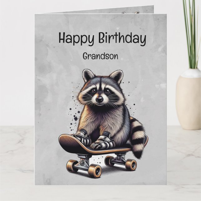 Cute Skateboarding Raccoon Grandson Birthday Card (Front)