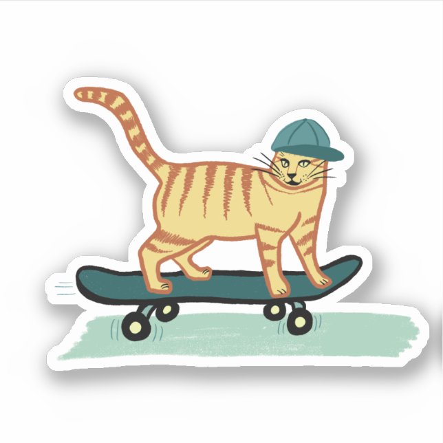 Cute Skateboarding Tabby Cat Sticker (Front)