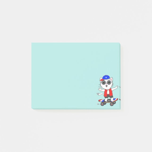 Cute Skater Cat on Light Teal Blue Notes (Front)