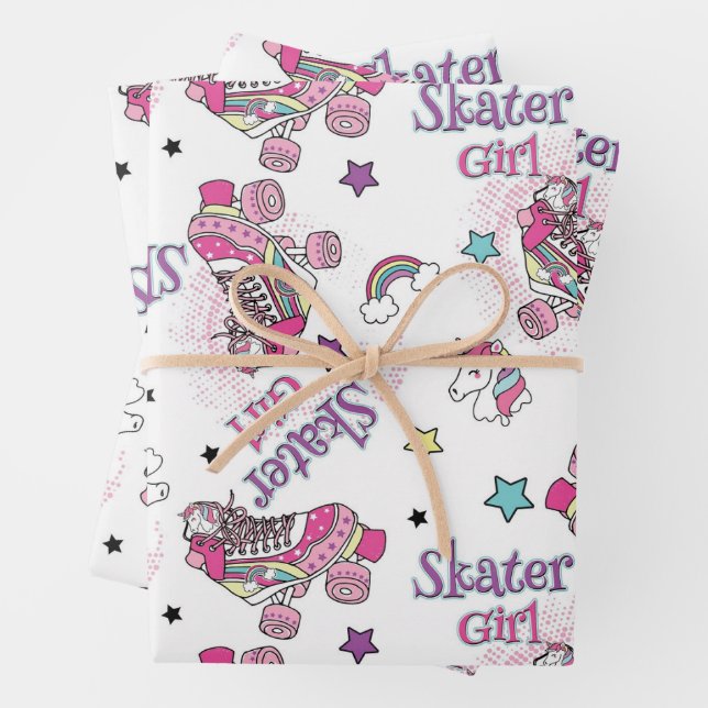 Cute Skater Girl Unicorn Roller Skate Pattern Wrapping Paper Sheets (In situ)