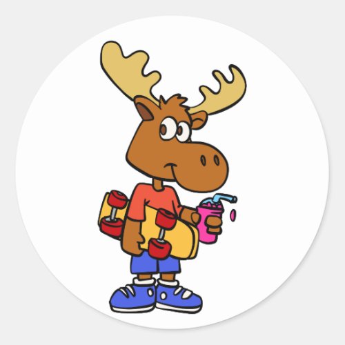 Cute Skater moose  choose background color Classic Round Sticker