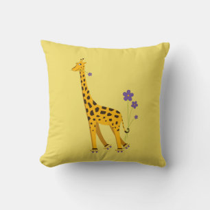 Cute Skating Giraffe With Flowers Yellow Kids Throw Pillow