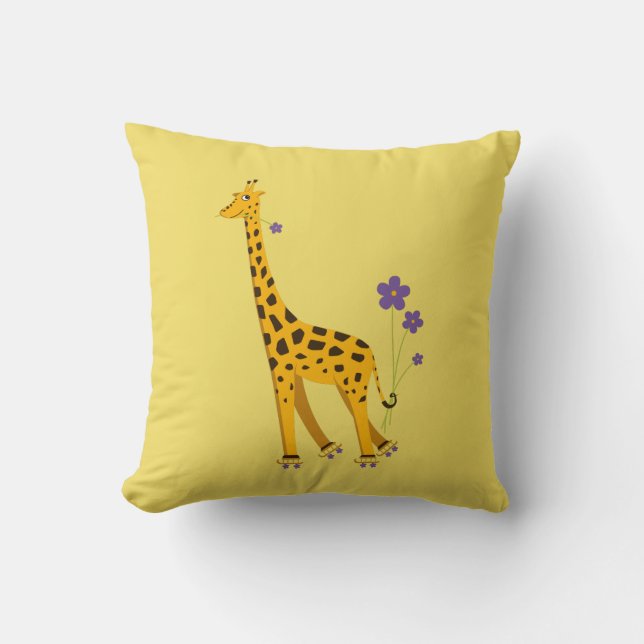 Cute Skating Giraffe With Flowers Yellow Kids Throw Pillow (Front)