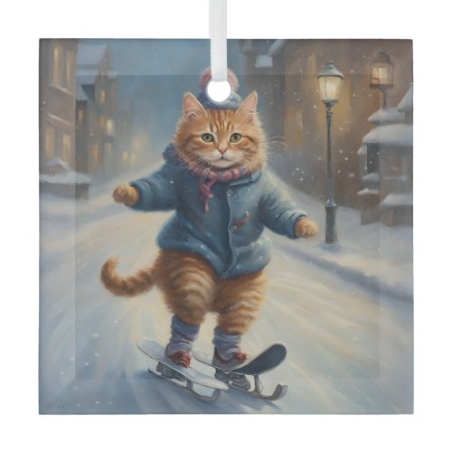 Cute Skating Meowy Christmas Cat Lover  Glass Ornament
