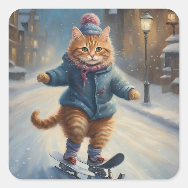 Cute Skating Meowy Christmas Cat Lover  Square Sticker (Front)