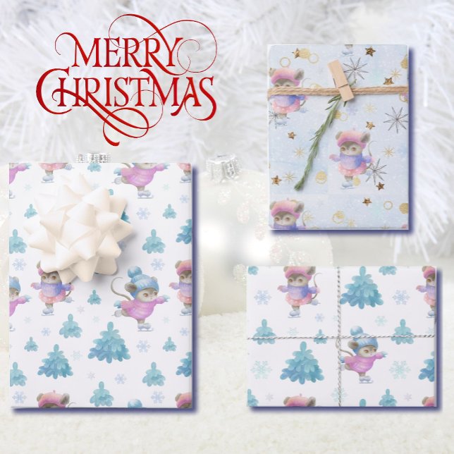 Cute Skating Mice Girl's Christmas Pastel Kuwaii Wrapping Paper Sheets (Creator Uploaded)