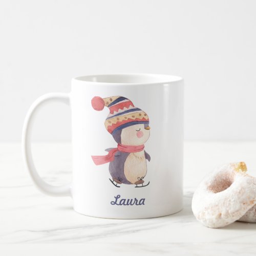 Cute Skating Penguin Knitted Hat Scarf Name  Coffee Mug