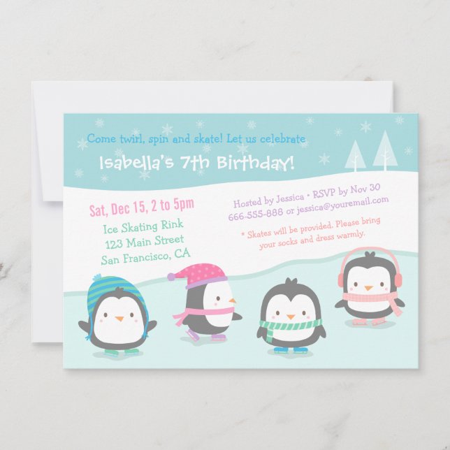Cute Skating Penguins Birthday Party Invitations (Front)