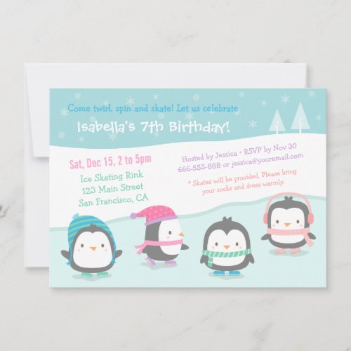 Cute Skating Penguins Birthday Party Invitations