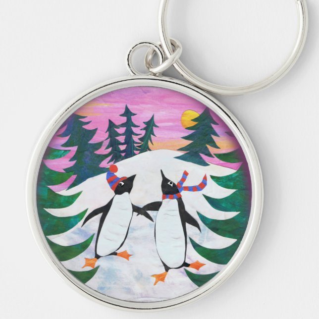 Cute Skating Penguins Snow-scene Round Keychain (Front)